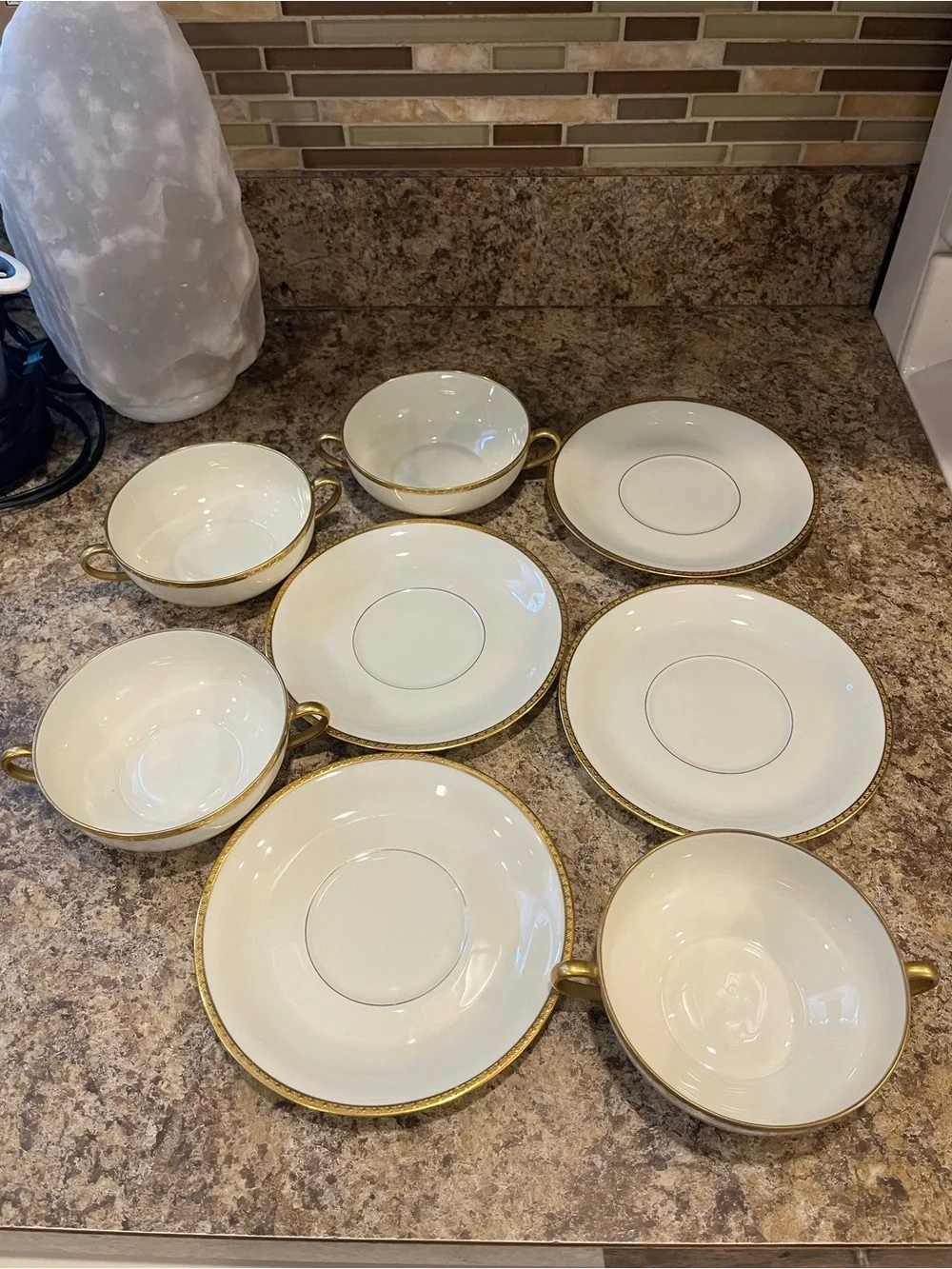 Black Knight Cream and Gold Trimmed Double-Handled Soup Cups with Saucers